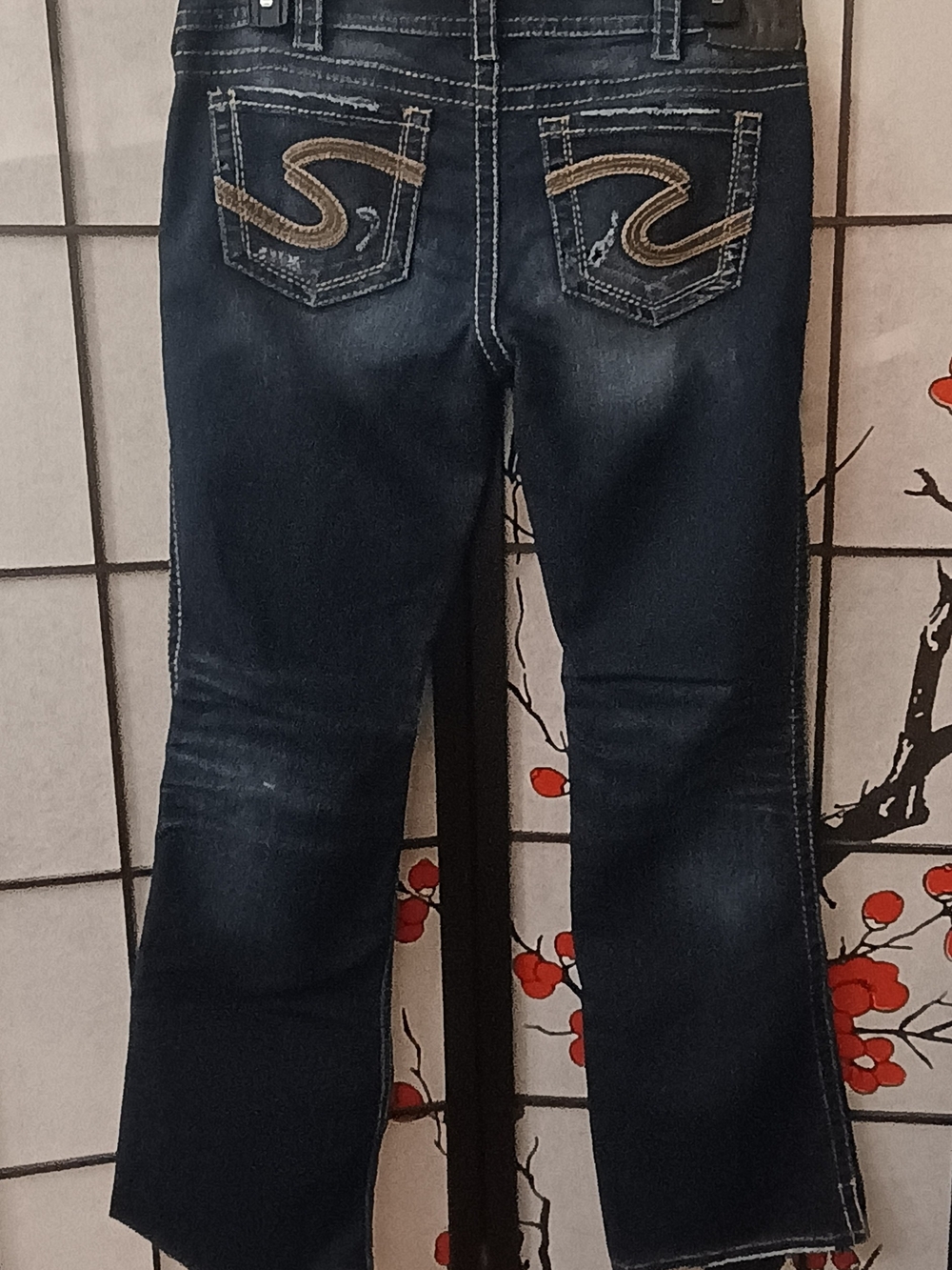 Silver Jeans Women's Dark Blue Distressed Flare Jeans - Picture 2 of 5